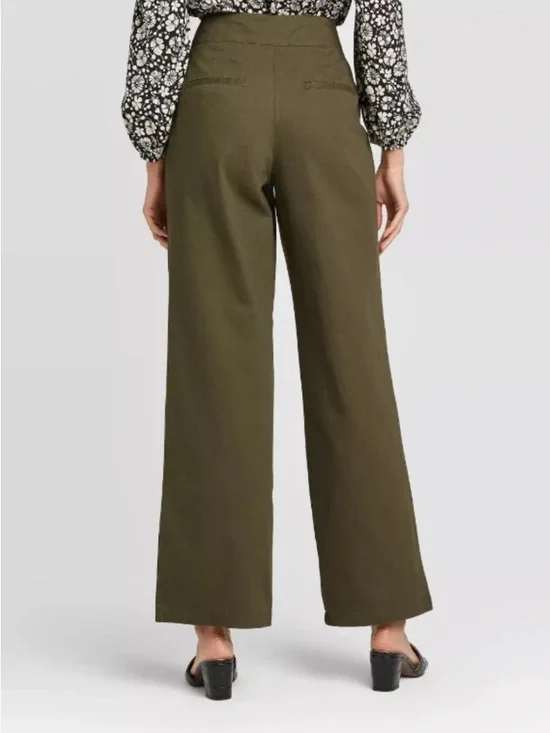 Who What Wear Olive Green Wide Leg Pants High Rise Cotton Trousers 27" Inseam - Picture 2 of 11